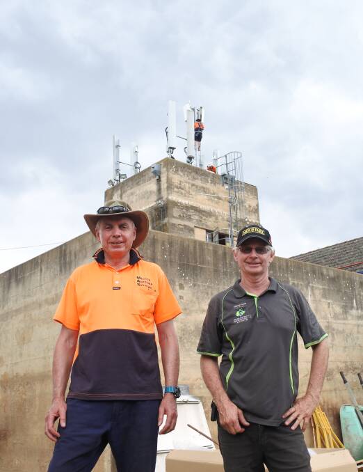 Finally here: Arthur Lister from Master Antenna Systems and Barry O'Mara at the Yass Waterworks for the installation of the new retransmission tower. Photo: Toby Vue. 