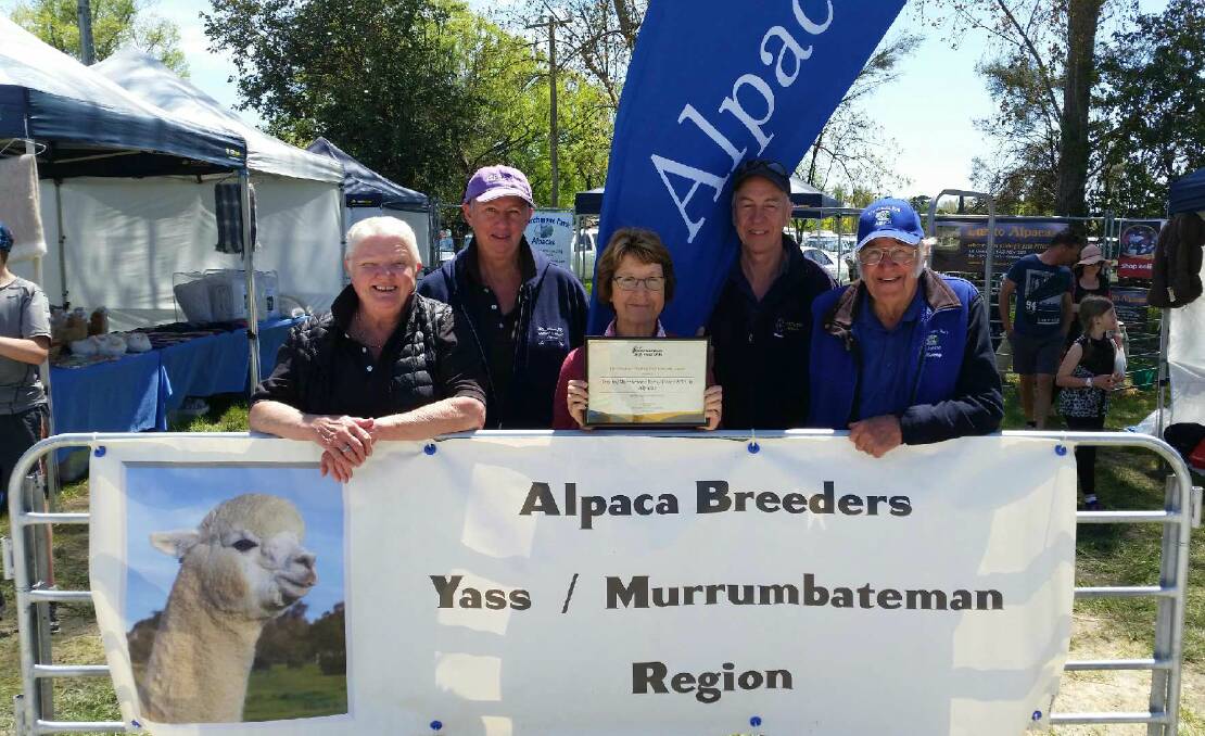 The Best Livestock Exhibitor of the Year: Local alpaca stud claims prize. Cora Zyp and Tracy Pratt, Ann Ranyard , Tim Toshack and Barry Ranyard. Photo: Supplied. 