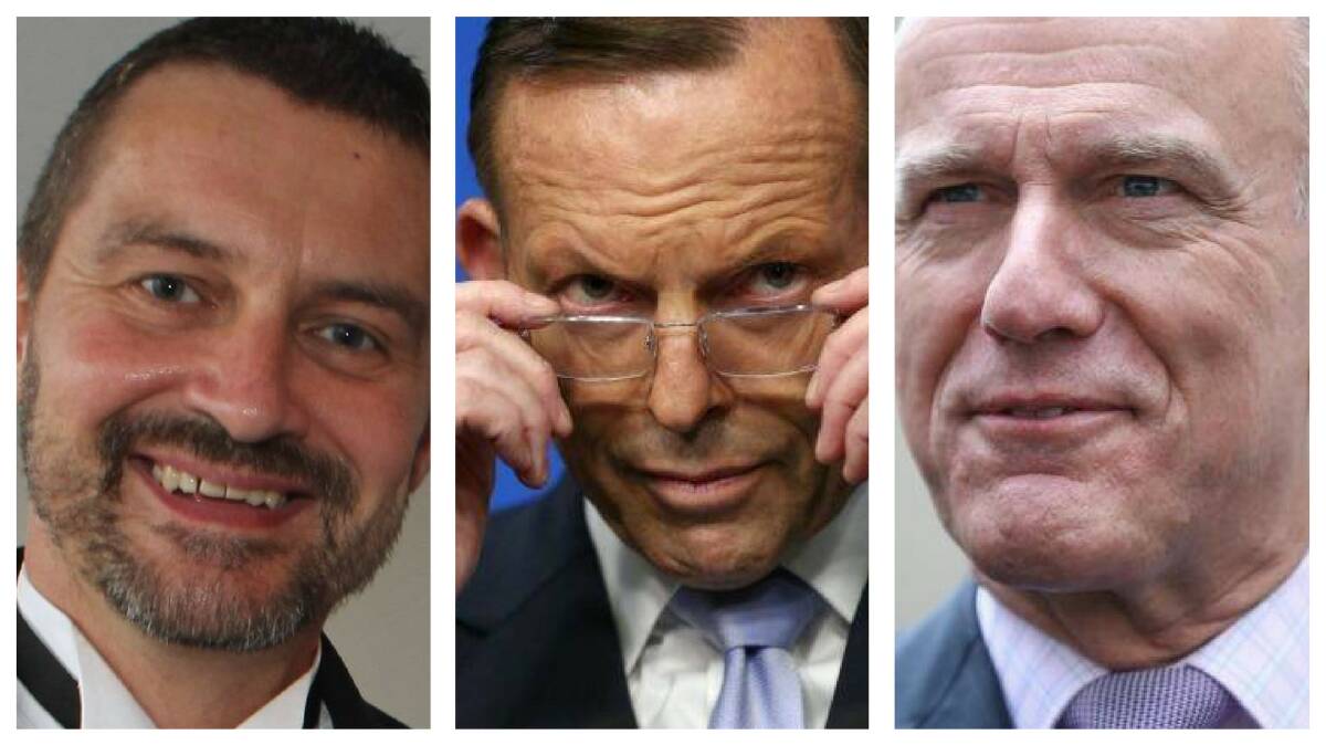 Marriage equality campaigner Rodney Croome, Tony Abbott and Eric Abetz.