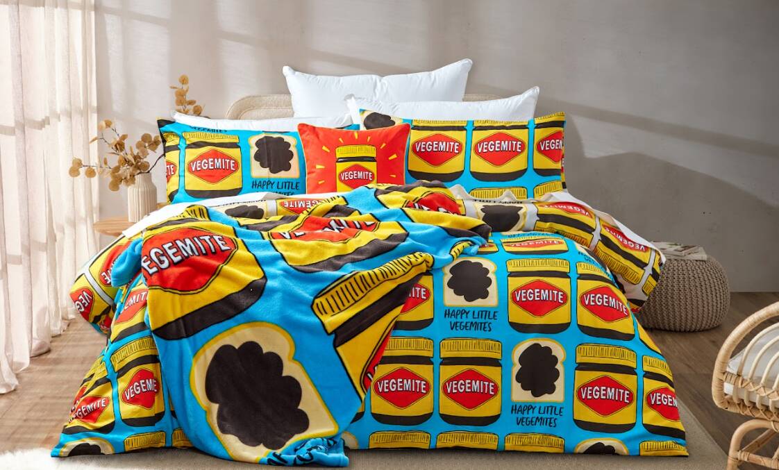 Vegemite's throw blanket and bedding sets are available at Spotlight stores. Picture supplied 