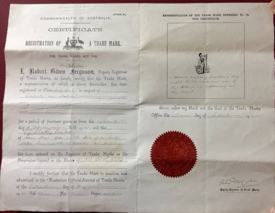 NSW Trade mark registration form for Sheekeys. Courtesy of Yass Museum.