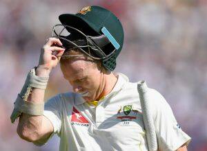 Chris Rogers during the 2015 Ashes series, seen here wearing a Stemguard helmet of a similar style to those which will be donated to regional junior cricket teams. Photo: Getty Images. 