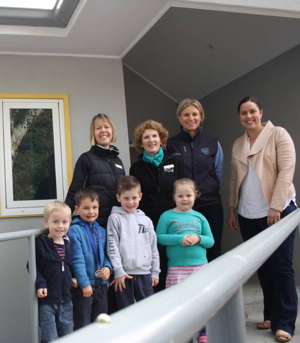 WELCOME TO YECCA: Fiona Nolan, Margot Gregory, Sally Butt and Donna Wullaert with preschool students Fletcher Douglas, Landon Glover, Sid Luckie and Miley Jones. 
