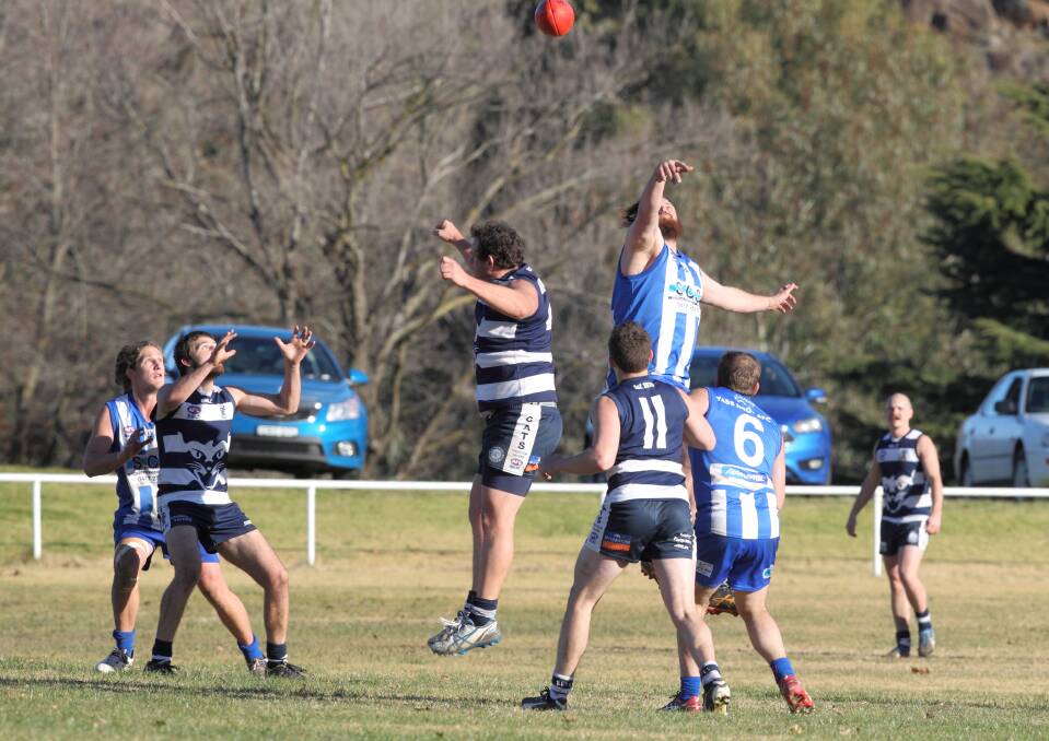 Roos contest for the ball in a 2016 match against the Cats. Photo: RS Williams