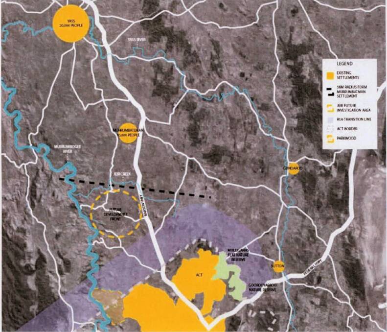 BUFFER ZONE: The 5km RU6 transition zone in purple with Parkwood planning proposal at bottom left, which crosses the NSW-ACT border, exempt from the 20-year no-development zone. Photo: Yass Valley Council