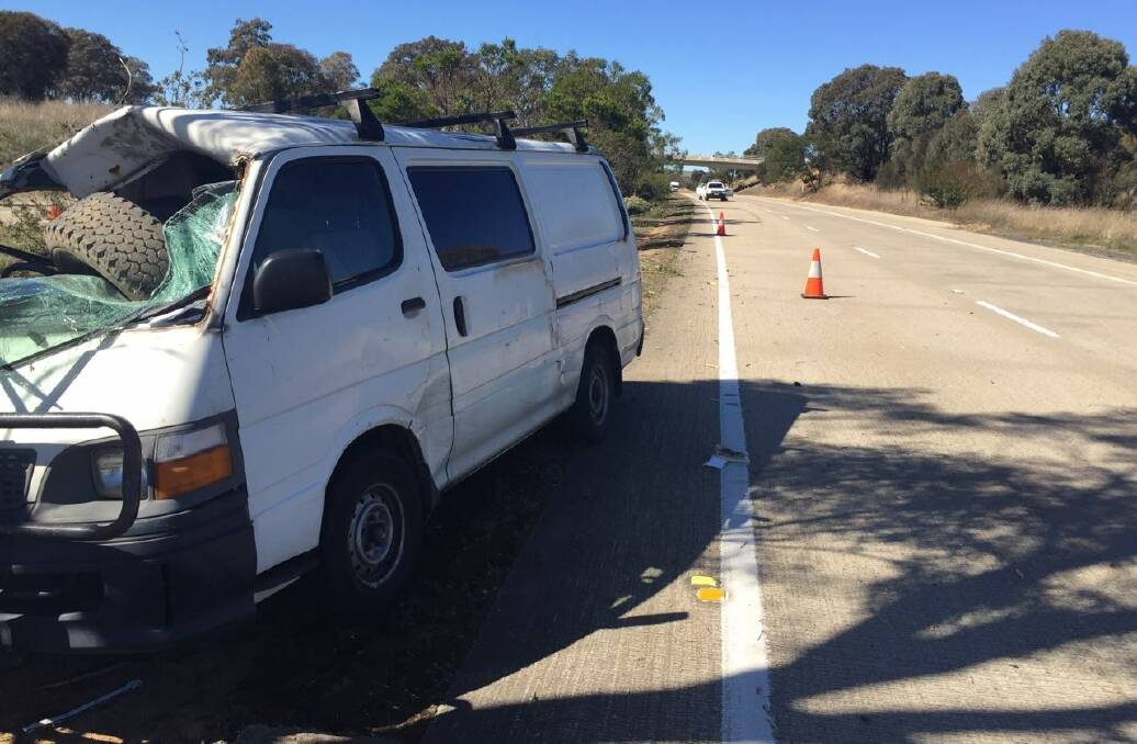 The tyre that hit the white Toyota van on Hume Highway on Wednesday, April 19. Photo: Traffic and Highway Patrol Command — NSW Police Force