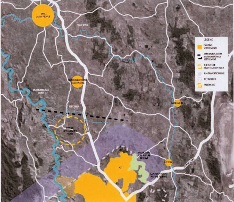 BUFFER ZONE: The 5km RU6 transition zone in purple with Parkwood planning proposal at bottom left, which crosses the NSW-ACT border, exempt from the 20-year no-development zone. Photo: Yass Valley Council