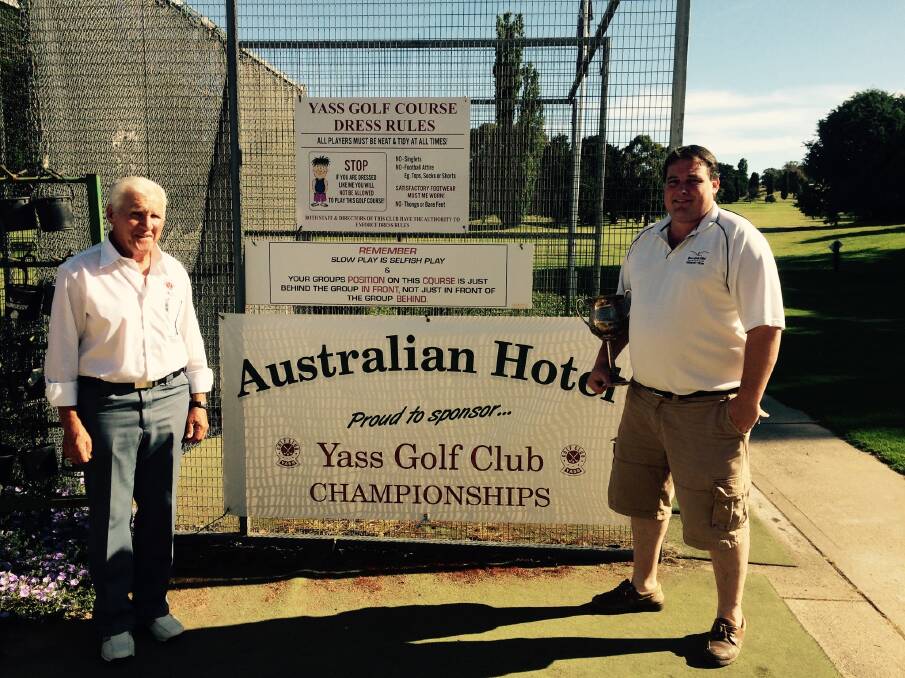 Winner: Eddie Stanford with Matthew Waters, winner of 36-hole Jeir Cup at the first weekend of the Australian Hotel Yass Golf Club Championships. Photo: Sam Porter