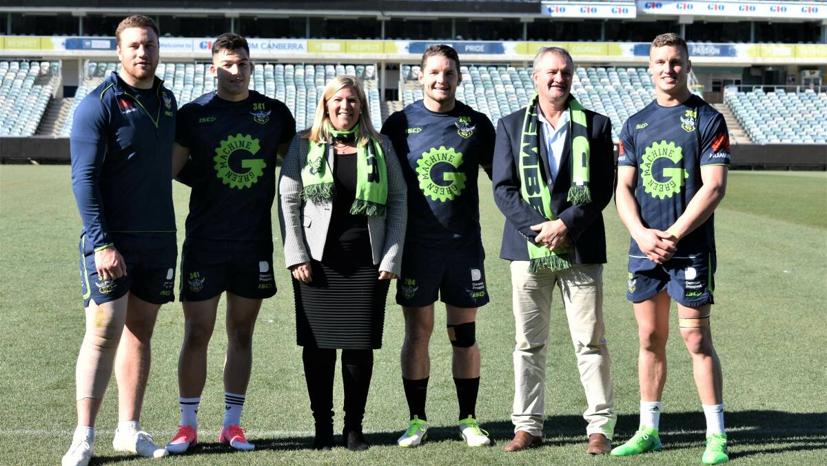 REGIONAL SUPPORT: Bronnie Taylor with Canberra Raiders' players Shannon Boyd, Nick Cotric, Jarrod Croker and Jack WIghton and Dean Lynch, administrator of the Snowy Monaro Regional Council at GIO Stadium. Photo: Supplied.