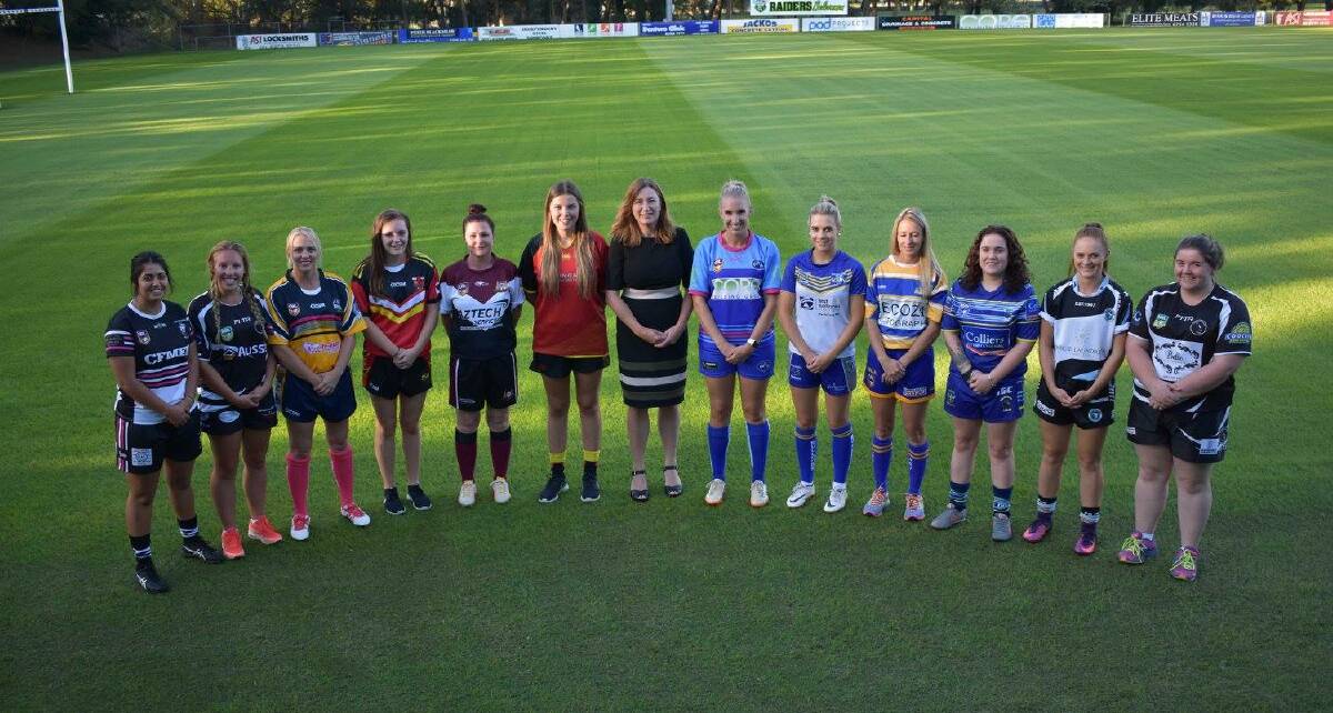 READY TO PLAY: Yass Magpies player Farah Atallah (far left) alongside players from other clubs and Yvette Berry (centre), the ACT Minister for Sport and Recreation, at the 2017 season launch in March. Photo: Canberra Region Rugby League