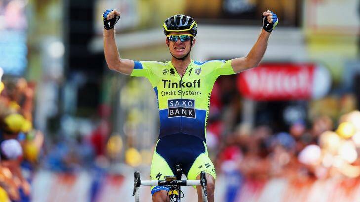 Great form ... Michael Rogers of Australia and the Tinkoff-Saxo team celebrates winning stage 16 of the 2014 Tour de France, a 238km stage between Carcassonne and Bagneres-de-Luchon. Photo: Bryn Lennon/Getty Images
