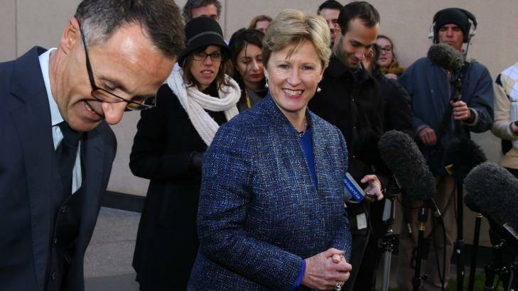 Former Greens Leader Senator Christine Milne with new Greens Leader Senator Richard Di Natale leader during a press conference on Wednesday. Photo: Andrew Meares