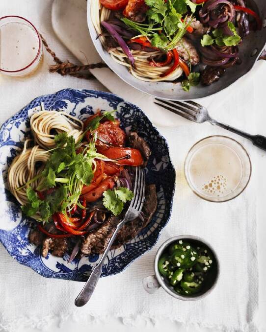 Adam Liaw's tallarin saltado (stir-fried beef with noodles) <a href="http://www.goodfood.com.au/good-food/cook/recipe/tallarin-saltado-stirfried-beef-with-noodles-20140610-39uur.html"><b>(recipe here).</b></a> Photo: William Meppem