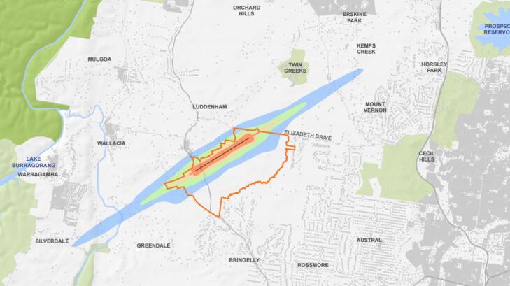 A map released by the federal government on Monday, showing the noise contours from a Badgerys Creek airport. Photo: Department of Transport and Infrastructure