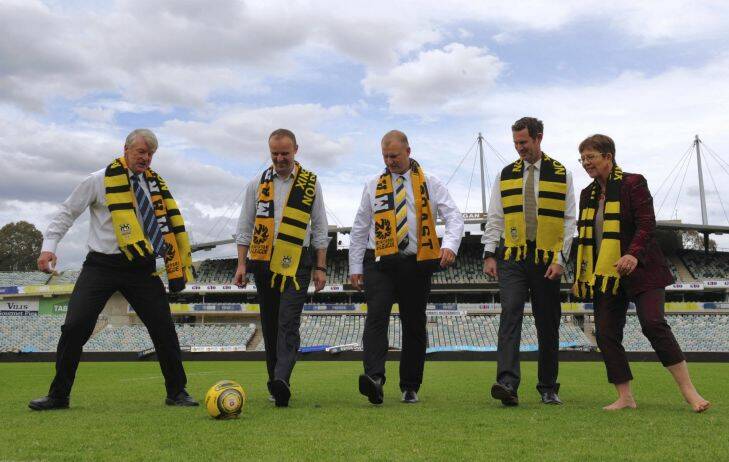 Sport. Announcement of an A League?? match at Canberra Stadium in November between the Central Coast?? ?? Mariners and NZ team, Wellington Phoenix. From left Mark O'Neil, Director of Capital Football, Andrew Barr, ACT Chief Minister, Shaun Mielekamp, CEO of the Mariners, David Dome, CEO of the Phoenix and Celia Wade-Brown, Mayor of Wellington NZ.?? April?? 29th?? 2016 The Canberra Times photograph by Graham Tidy.

-- 
?????? 

Graham Tidy
Photographer - The Canberra Times
Australian Community Media
t?? 02 6280 2122?? m?? 0434 016 503
graham.tidy@fairfaxmedia.com.au
9 Pirie Street, Fyshwick. ACT 2609
www.canberratimes.com.au

ZZT_0075.JPG Photo: Graham Tidy 