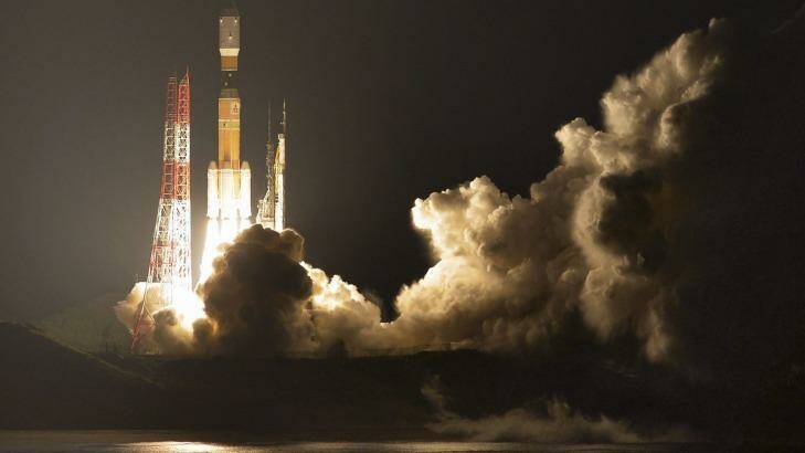 Japan's H-IIB rocket lifts off at the Tanegashima Space Centre southern Japan at 12.26am Saturday, Sydney time. Photo: Kyodo News/AP