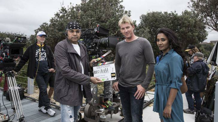 Director and producer Anupam Sharma, former cricketer Brett Lee and actress Tannishtha Chatterjee on the set of the film ' Uniindian'.  Photo: Dominic Lorrimer