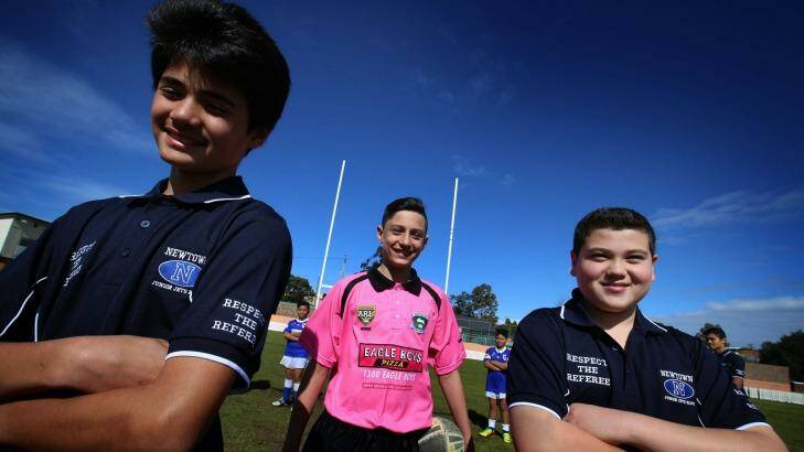 Newtown Junior Jets Rugby League players  Kaylib Savage and Michael Sassine wearing 'Respect our Refs' shirts, with Junior Referee Luke Prokopiou. Photo: James Alcock