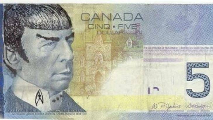 Defaced: Leonard Nimoy sketched on a bank note.  