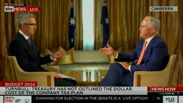 Sky News political editor tackles Prime Minister Malcolm Turnbull on how much a cut to the company tax rate will cost the budget. Photo: Sky News