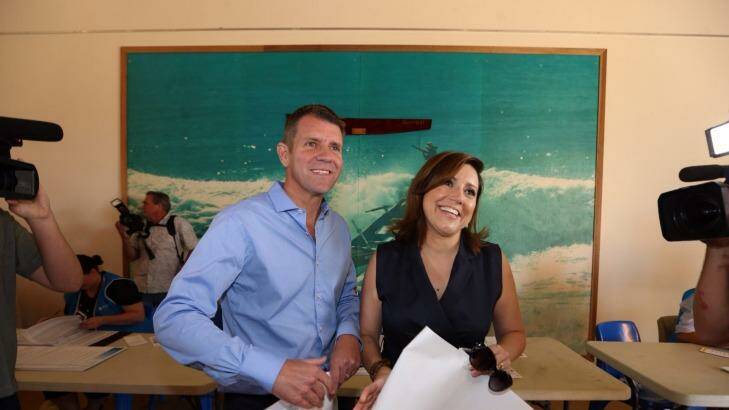 NSW Premier Mike Baird casts his vote with his wife Kerryn in the State election at the Queenscliff Surf Life Saving Club in Manly on Saturday 28 March 2015. Photo: Andrew Meares Photo: Andrew Meares