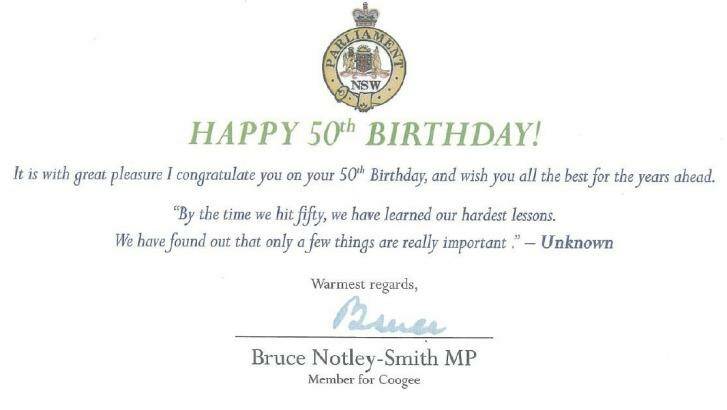 Happy, er, 50th! A surprise birthday card from Bruce Notley-Smith.