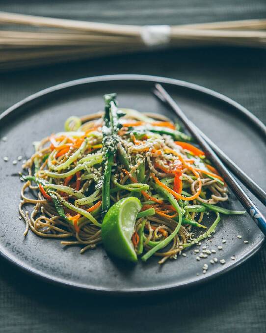 Jill Dupleix's broccoli stem noodles with snow peas and Japanese dressing <a href="http://www.goodfood.com.au/good-food/cook/recipe/broccoli-stem-noodles-with-snow-peas-and-japanese-dressing-20140820-3dzm1.html"><b>(recipe here).</b></a> Photo: Cole Bennetts/Getty Images
