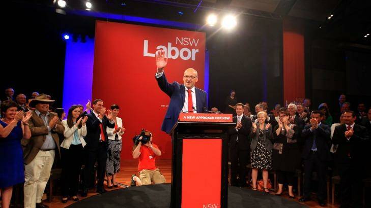  NSW Opposition Leader Luke Foley addresses the party faithful and assembled Labor luminaries at the Catholic Club in Campbelltown at Labor's Campaign Launch on Sunday. Photo: James Alcock