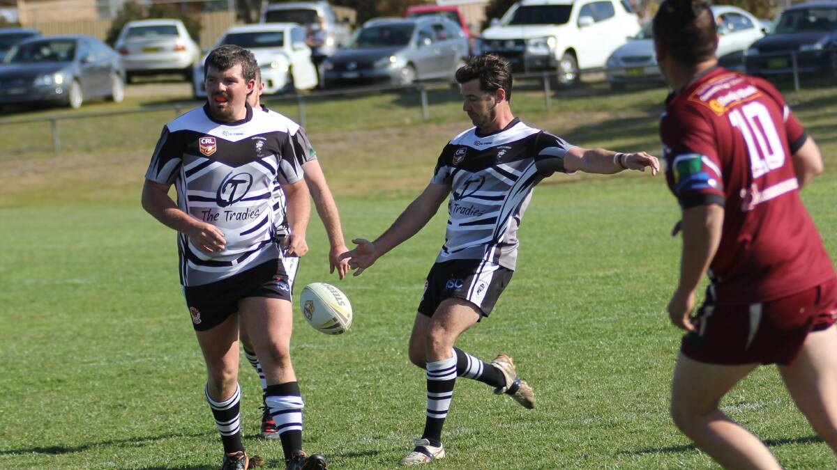 Captain-coach Brad Wylie (foreground) and Scott Waters (kicking) did their best for Yass on Saturday, but Bungendore were too good. Photo: Supplied.