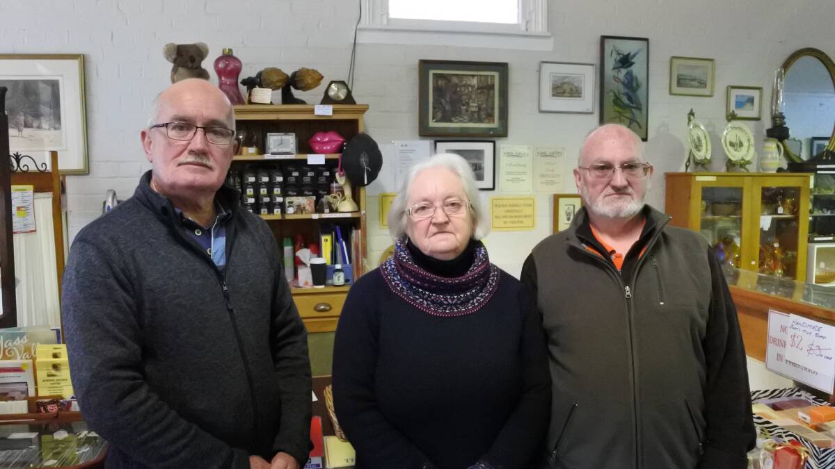 Cyril Cox, alongside Yvonne and Bernie Howe, shop owners from Bowning, feel left out from the Shop Local Shop Yass Campaign. Photo: Bob Tindall. 
