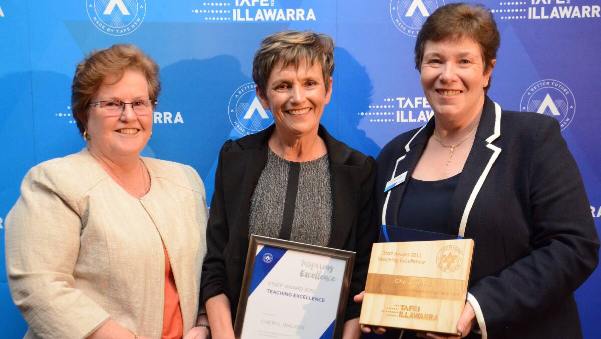 Cheryl Walker (centre) with her TAFE Illawarra Yass colleagues Robyn Bialkowski (left) and Judith Scown (right). Photo: Supplied. 