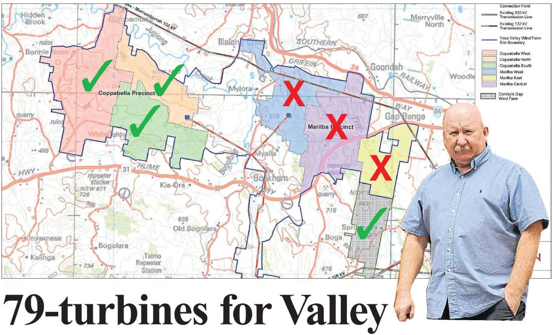 Nic Carmody explains exactly where the proposed 79-turbine wind farm will be located in the Yass Valley. The recommendations by the NSW Department of Planning removes the Marilba Precinct from the proposal.  Photo: Jessica Cole.  
