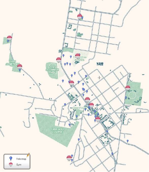 A map of known Pokéstops and Gyms in the Yass area. 