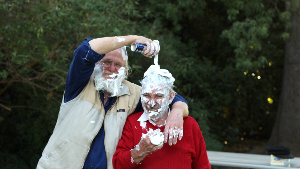 BRAVING THE SHAVE: Richard Maxwell and John Goode preparing for their big shave on Sunday. Photo: Jessica Cole. 