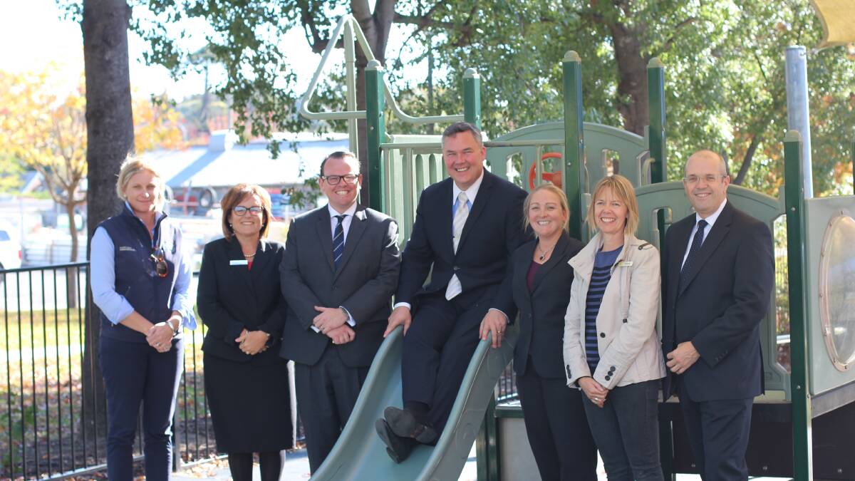 YECCA board member Sally Butt, Westpac Yass Home Finance Manager Lisa Brown, Westpac State General Manager James Cudmore, Westpac Regional General Manager Bernie Sandral, Yass Branch Manager Olivia Pearce, YECCA Director Fiona Nolan and Chief Operating Officer for Westpac Stuart Hall at the local preschool on Tuesday May 17. Photo: Alix Douglas. 