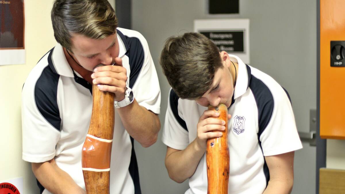 Yass High School students Travis and Jayden played the didgeridoo to open the new facility. Photo: Jessica Cole. 