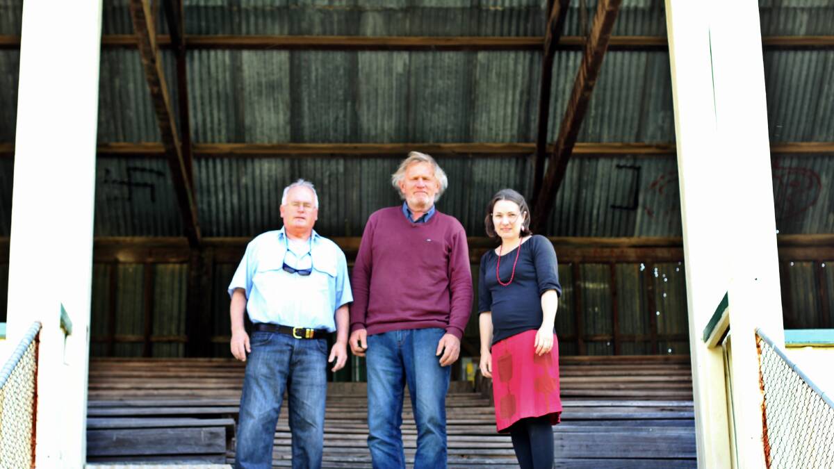 The Yass Show Society would like to hear from members of the public about whether they are interested in restoring the Yass Showground Grandstand. (Left) Reg Mobeos and Gordon Allen both Yass show society Vice Presidents, with Architect Katrina Smith. Photo: Jessica Cole. 