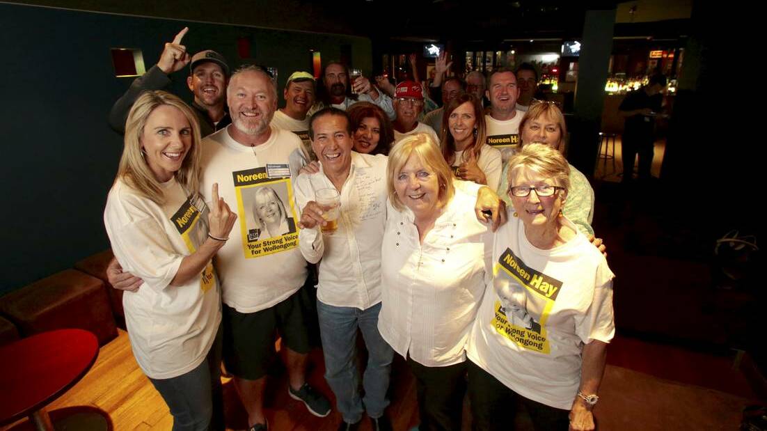 Wollongong MP Noreen Hay celebrates her win with supporters on Saturday night. Picture: ADAM McLEAN