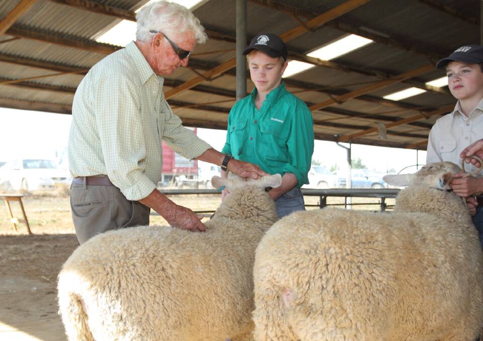 Bob Anderson from Crookwell casts an appraising eye over a couple of Border Leicesters at the Yass Show, while two young helpers assist. Photo: RS Williams.