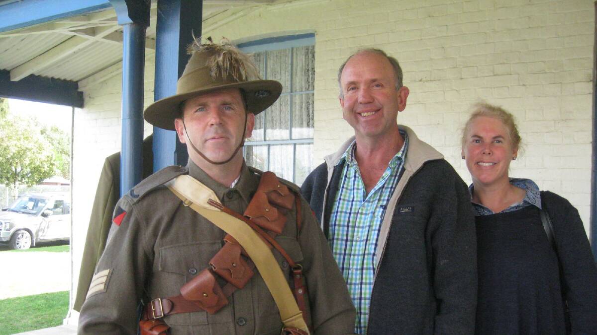Andrew Kelly in Light Horse uniform with Peter and Rachel Foley at the opening of the Gunning Remembers display at the Gunning Courthouse that continues until tomorrow afternoon. Photo: Supplied.
