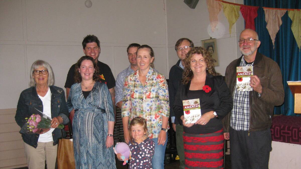 Some of those responsible for the book "Collector Anzacs" at its launch last Saturday. (Back left) Damien Jenkins (refurbished memorial); Evan Dougall and Paul Hodgkinson. (Front left) Kelly Aitken, Madeleine McDonald, Zoe Dougall with daughter Elsie, Ann Hegyi and Frank Ross.
