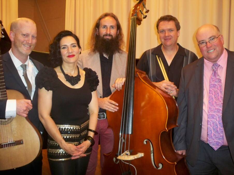 Greg Stott (guitar), Meg Corson (jazz soloist), James Luck (bass), Mark Sutton (drums) and Wayne Kelly (piano) after their concert on Saturday. Photo: Supplied.