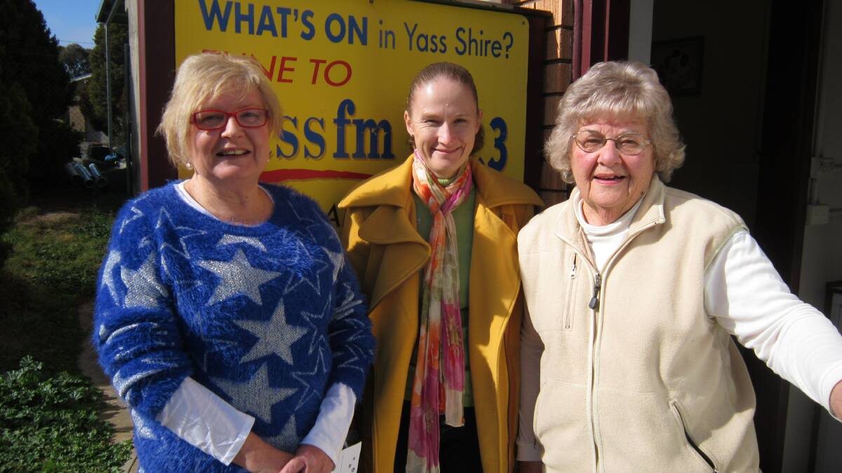 Ann Hind and Jan Werner with Barbara McClung at the Yassfm studio on Cooks Hill Road on Saturday. Photo: Supplied.