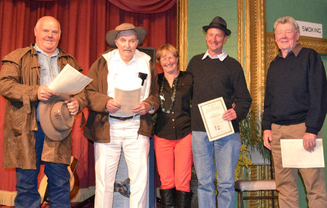 Taking out the honours in the Humorous Section in 2013 were Rob Gorman, John Davis, John Peel and Greg Broderick, pictured with Jan Giles (centre) from the Binalong Arts Group.