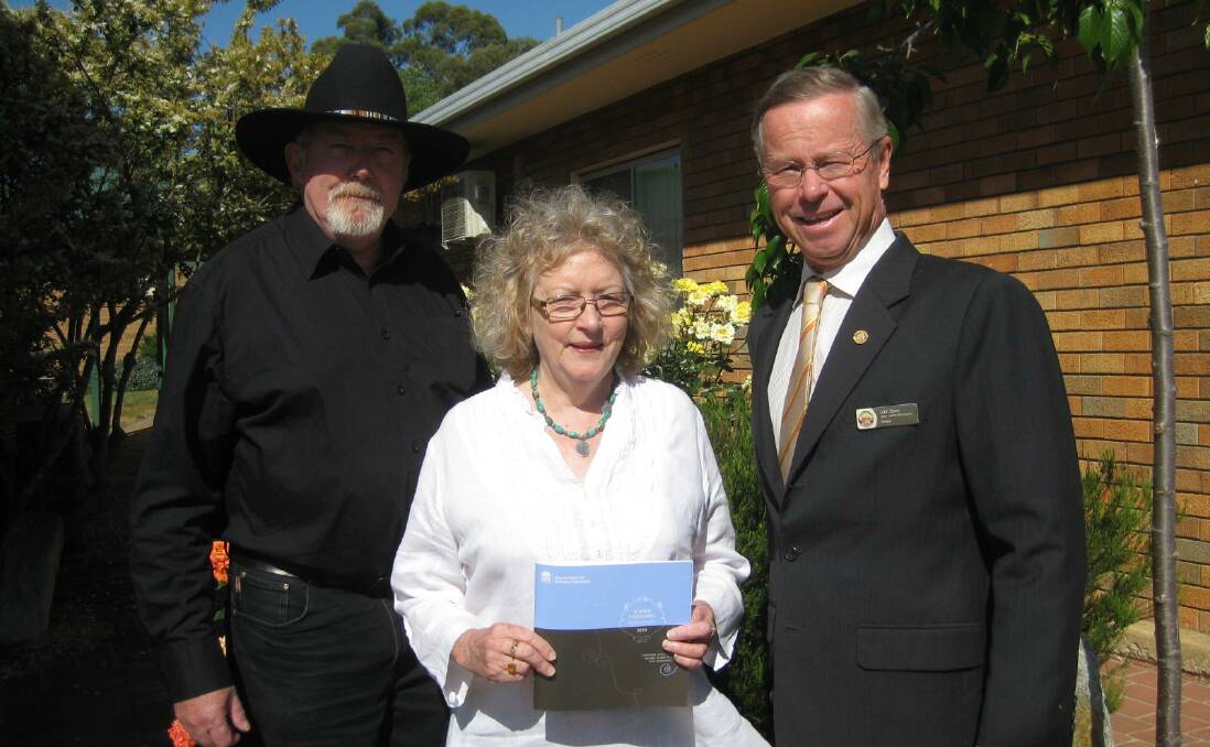 Councillor John Searl and Mayor John Shaw congratulate Ros McLoughlin on being included in the 2014 Hidden Treasures Honour Roll. Photo: Supplied.

