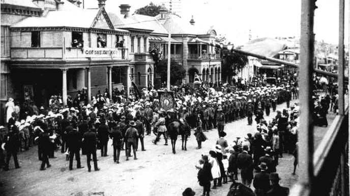 Kangaroos arrive at Yass Mechanics Hall on December 15, 1915. Photo: Taken by an unknown person on top of the Commercial Hotel in Yass.  
