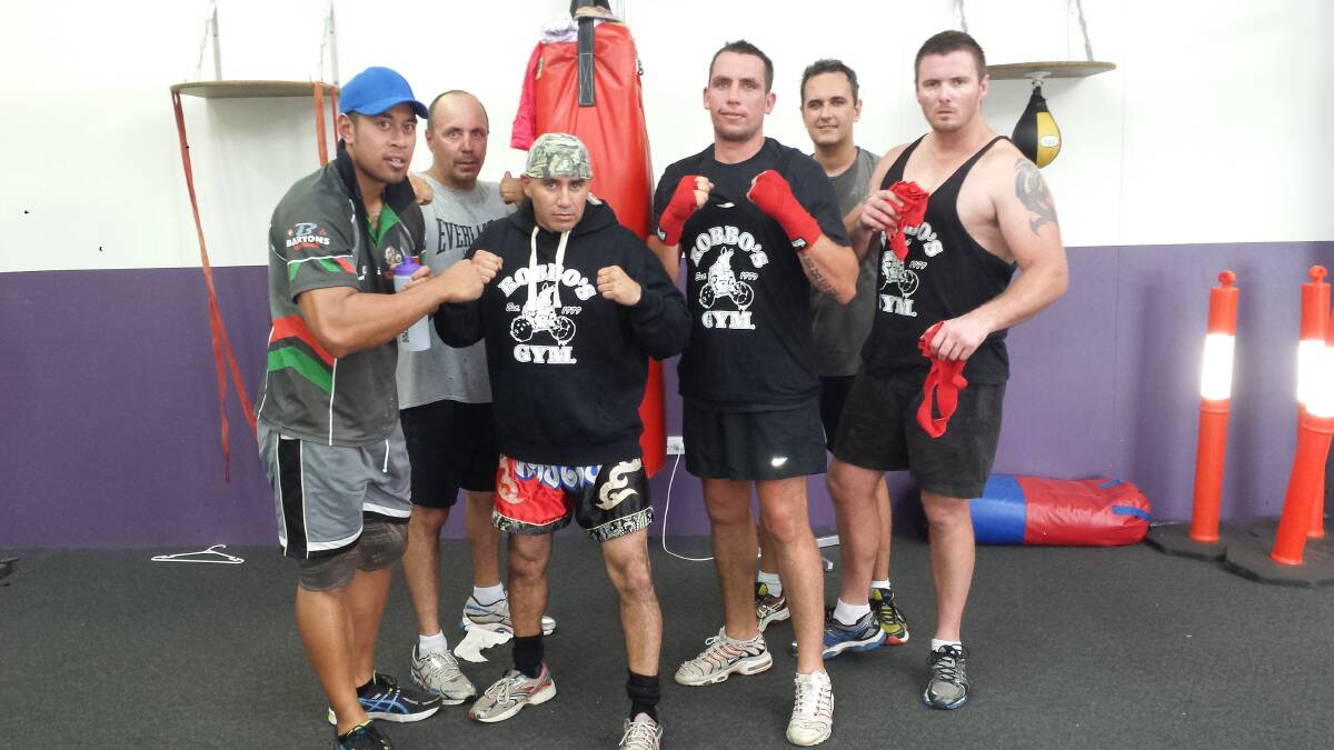 Dan Scanlan, Matty Bell, Spider (trainer), Nathan Merritt, Andrew Silver and Paul Humphries at a recent training session at Robbo’s Gym. Missing is Brendan Foran, one of Merritt’s regular sparring partners. Photo: Supplied.

