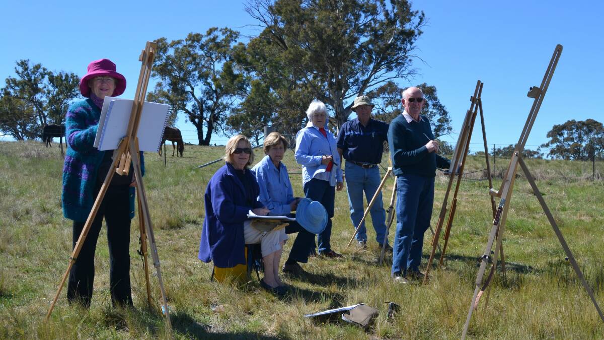 Barbara Folkard, Angela Regan, Fay Rae, Spec Deane, John McClung and James Shannon painting in the Yass Valley in 2012.
