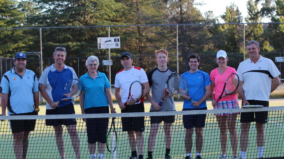 Hume Tennis Club Members Allex Goode, David Thornley, Lyn Polsen, Heath Wade, Mark Dowling, Mitch Harris, Yolanda Heineman and Paul Twohill are gearing up for a huge Pink Day on December 6. Photo: Oliver Watson.
