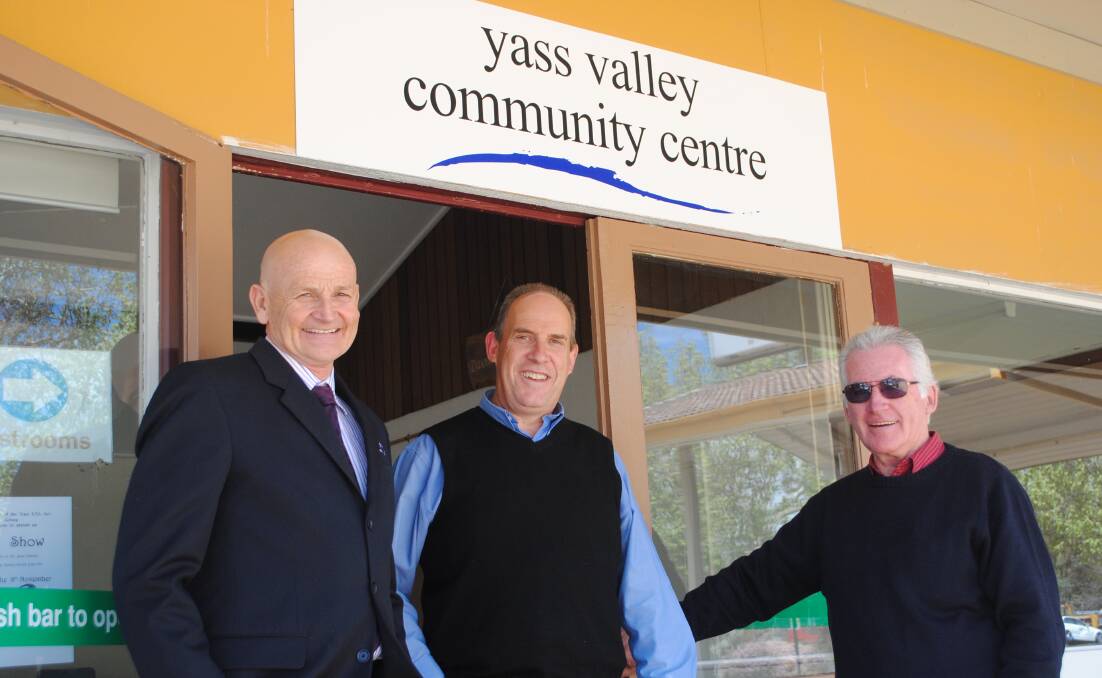 Yass Valley Council general manager David Rowe, business services manager Tony Stevens and Allan McGrath have been waiting a long time for the official opening of the Yass Valley Community Centre. Photo: Joe McDonough.
